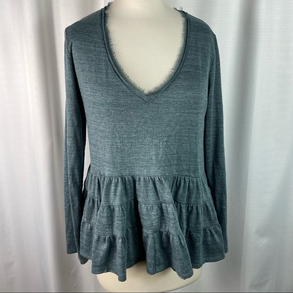 Anthropologie Deletta Thea Green V Neck Ruffle Long Sleeve  Tee M